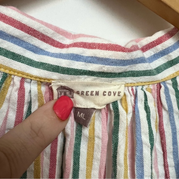 Green Cove Rainbow Striped Button Down Shirt Short Sleeve Boutique Medium Large - Picture 3 of 4